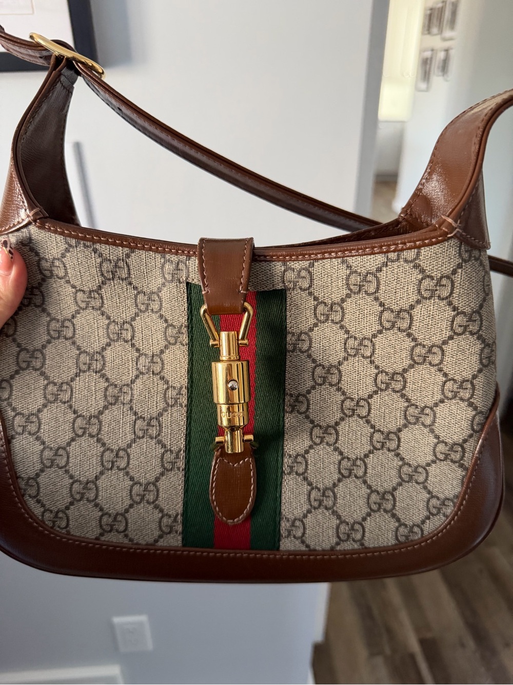 Gucci Brown GG Canvas Shoulder Bag with Green and Red Web